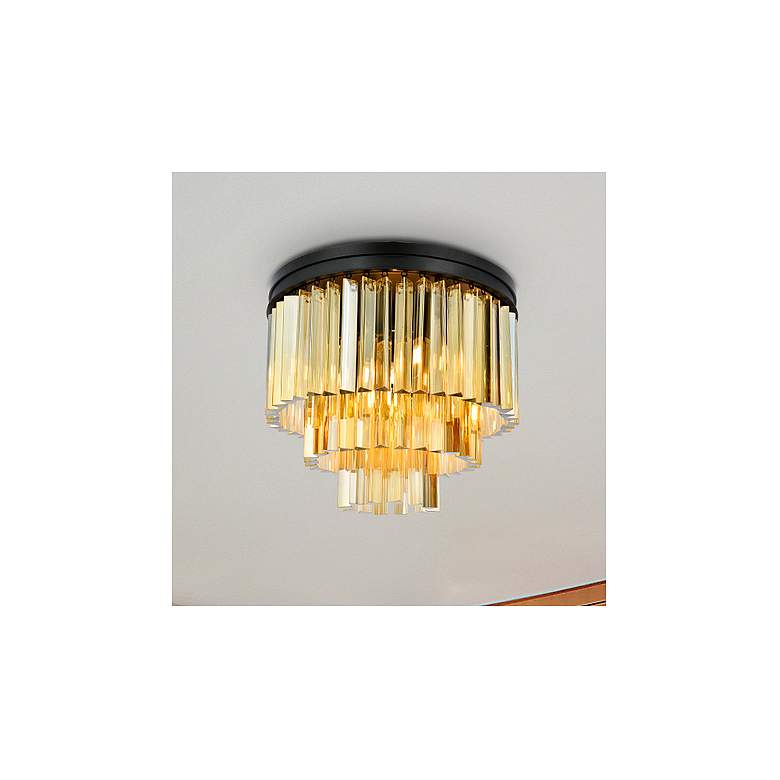 Image 1 Sydney 9 Light Matte Black Flush Mount Ceiling Light w/ Golden Teak Crystal