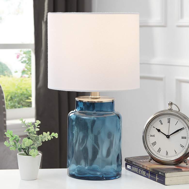 Image 1 Table Lamp - Blue Finish - White Hardback Fabric Shade
