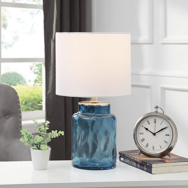 Image 1 Table Lamp - Blue Finish - White Hardback Fabric Shade