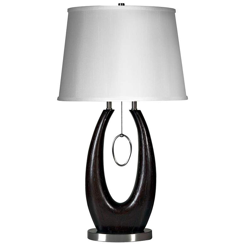 Image 1 Table Lamp - Brushed Steel+Walnut Finish - White Hardback Fabric Shade