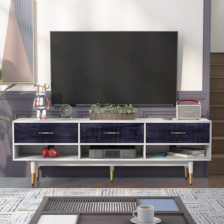 Image 1 Taimae 70 3/4"W White and Navy Blue Wood 3-Drawer TV Stand