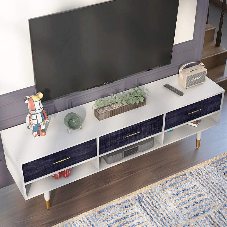 Image 6 Taimae 70 3/4"W White and Navy Blue Wood 3-Drawer TV Stand more views