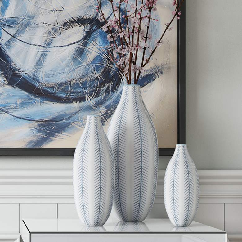 Image 1 Tairo Blue and White Chevron 15"H Ceramic Vases Set of 3