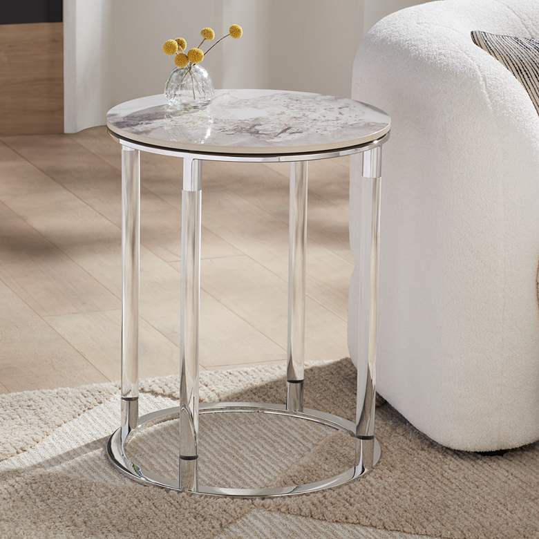 Image 1 Tamara 18 1/4" Wide Stone and Chrome Round Side Table