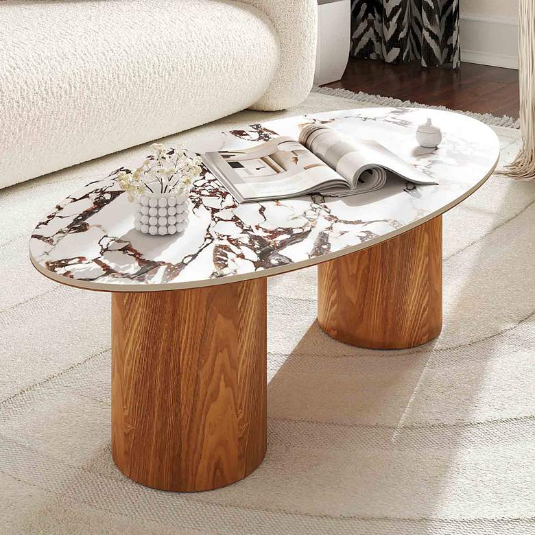 Image 1 Tamara 47" Wide Marble Natural Ash Wood Oval Coffee Table
