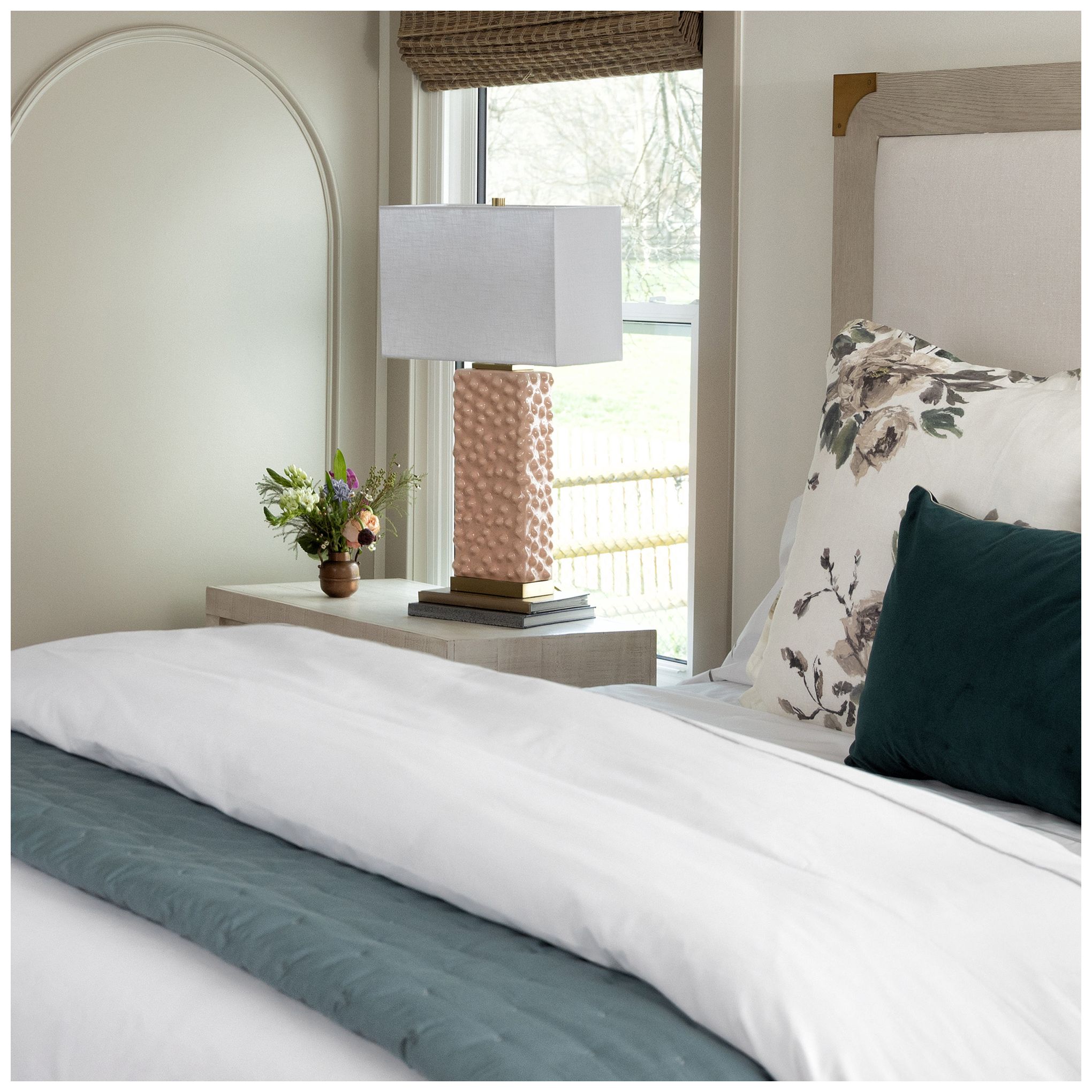 Tamara Day Edmund 30"H Brass & Pearl Blush Table Lamp With Off-White Shade