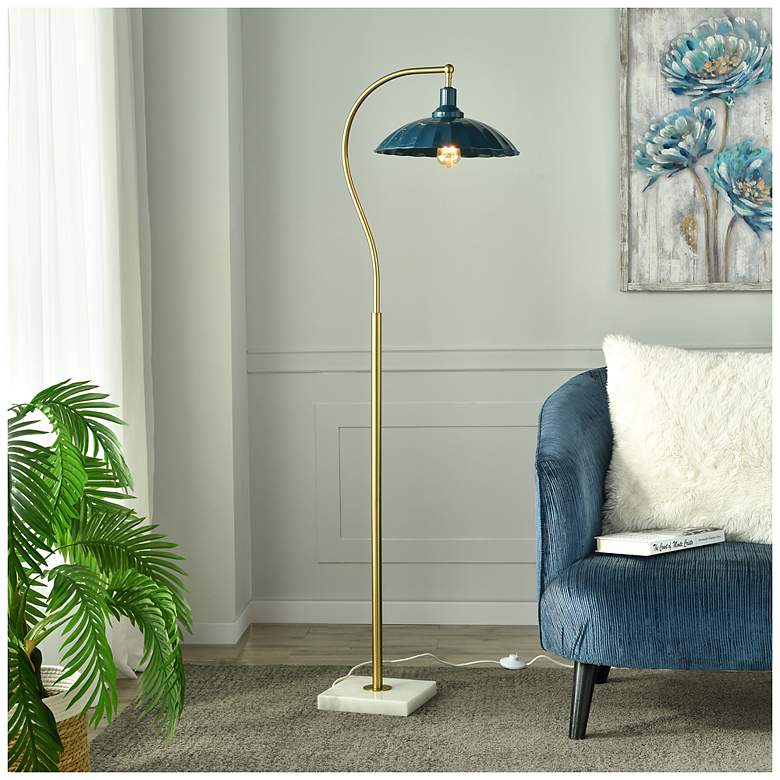 Image 1 Tamara Day Penelope 61"H White Marble & Brass Floor Lamp With Navy Shade