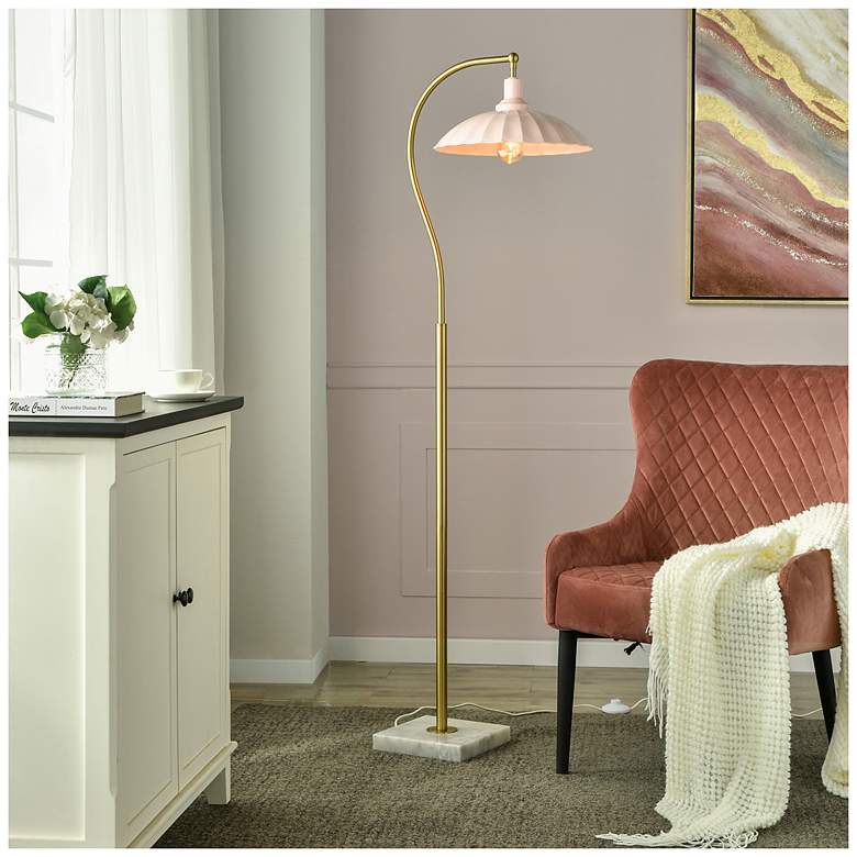 Image 1 Tamara Day Penelope 61"H White Marble & Brass Floor Lamp With Pink Shade