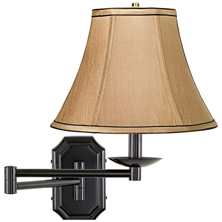 Image 1 Tan and Brown Trim Dark Bronze Plug-In Swing Arm Wall Lamp