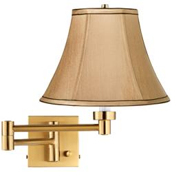 Tan Fabric Bell Alta Square Antique Brass Plug-In Swing Arm Wall Light