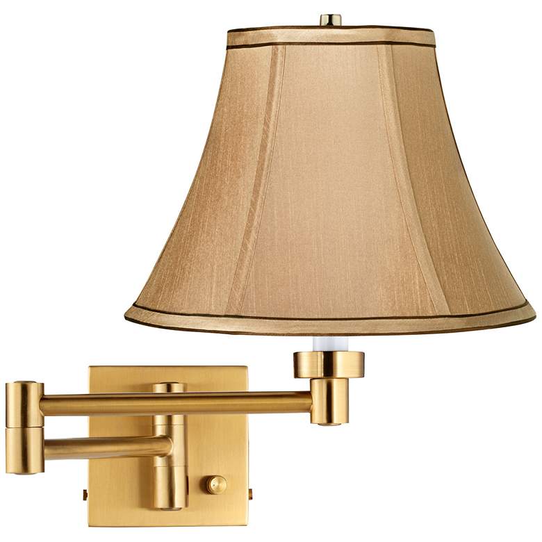 Tan Fabric Bell Alta Square Warm Gold Plug-In Swing Arm Wall Light