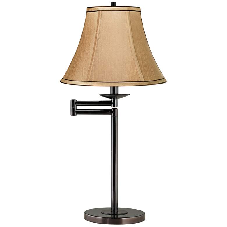 Image 1 Tan Fabric Bell Shade Bronze Swing Arm Desk Lamp