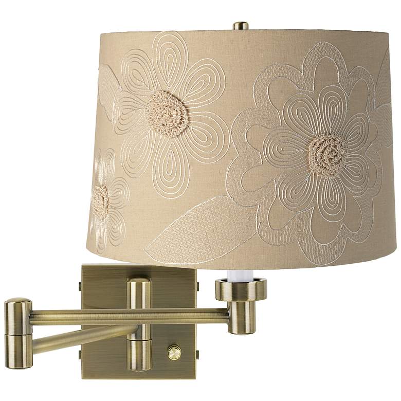 Image 1 Tan Flower Shade Antique Brass Plug-In Swing Arm Wall Light