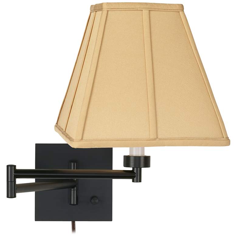 Image 1 Tan Square-Cut Shade Espresso Plug-In Swing Arm Wall Lamp