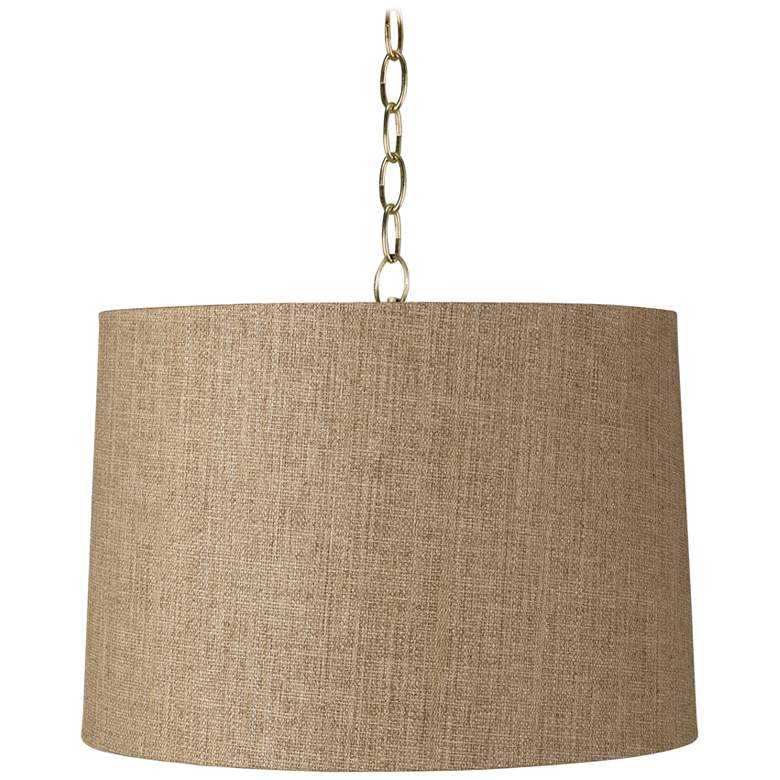 Image 1 Tan Woven 16" Wide Antique Brass Shaded Pendant Light