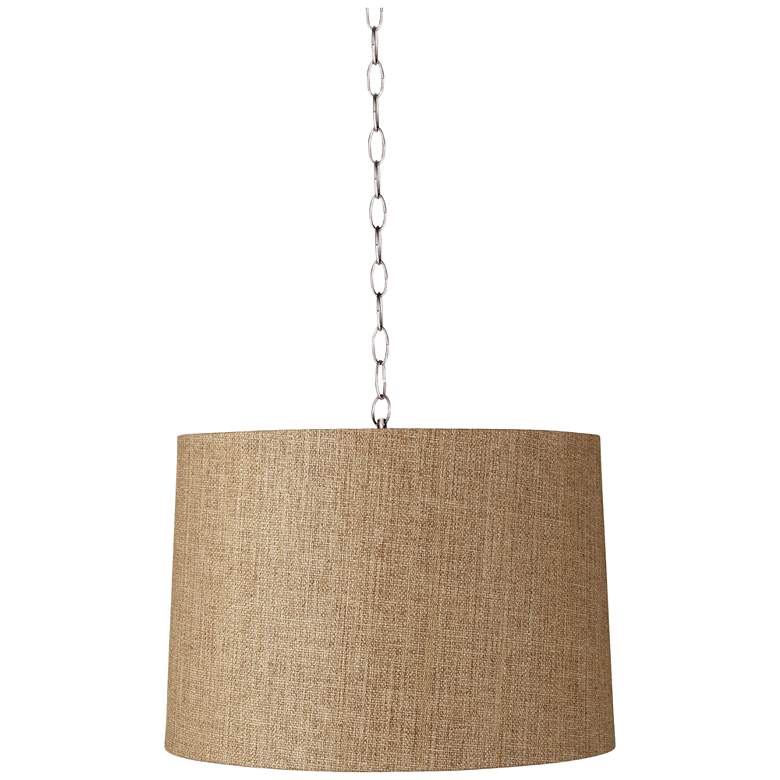Image 1 Tan Woven 16 inch Wide Brushed Steel Shaded Pendant