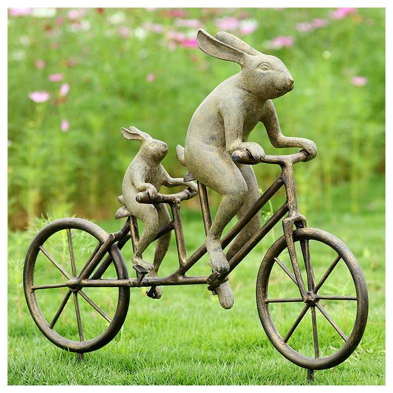 Image 2 Tandem Bicycle Bunnies 28 1/2 inch High Aluminum Garden Statue more views