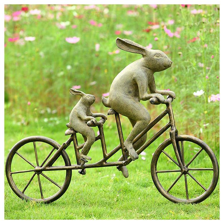 Image 3 Tandem Bicycle Bunnies 28 1/2" High Aluminum Garden Statue more views