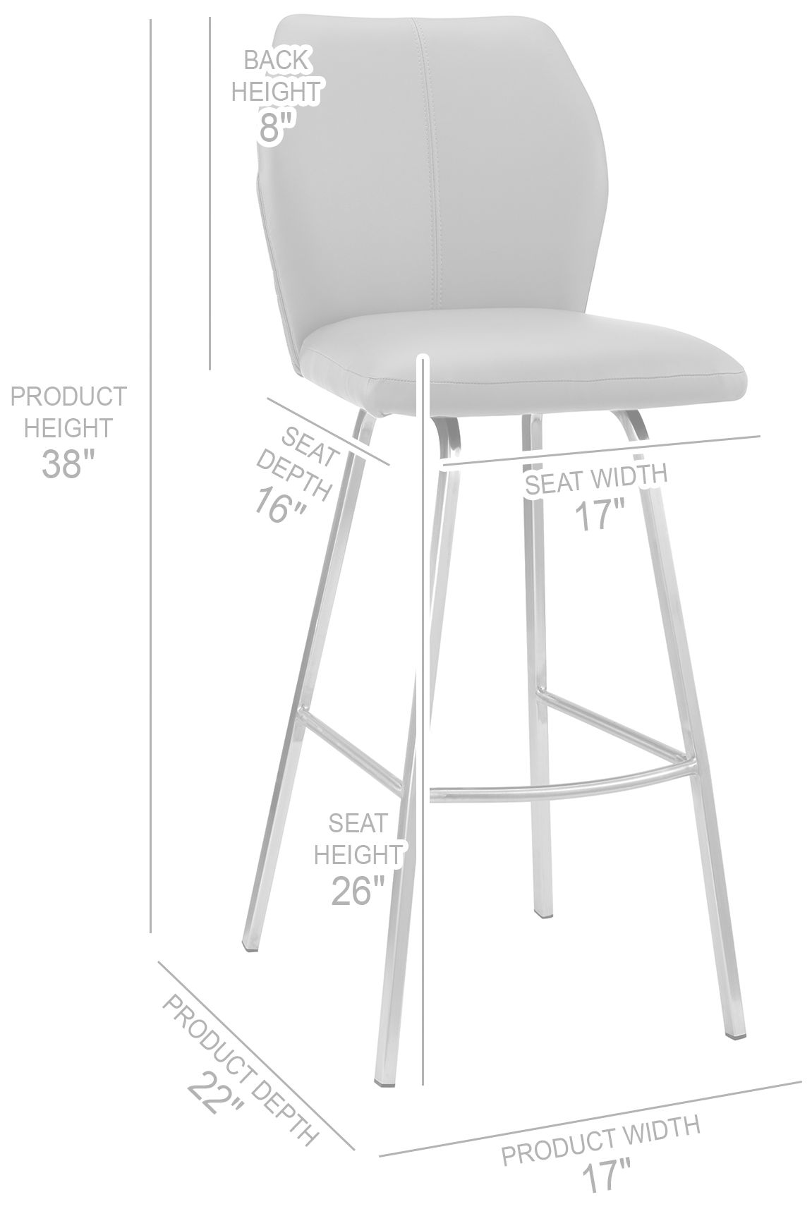 Tandy 26 in. Barstool in Brushed Stainless Steel Finish, White Faux Leather