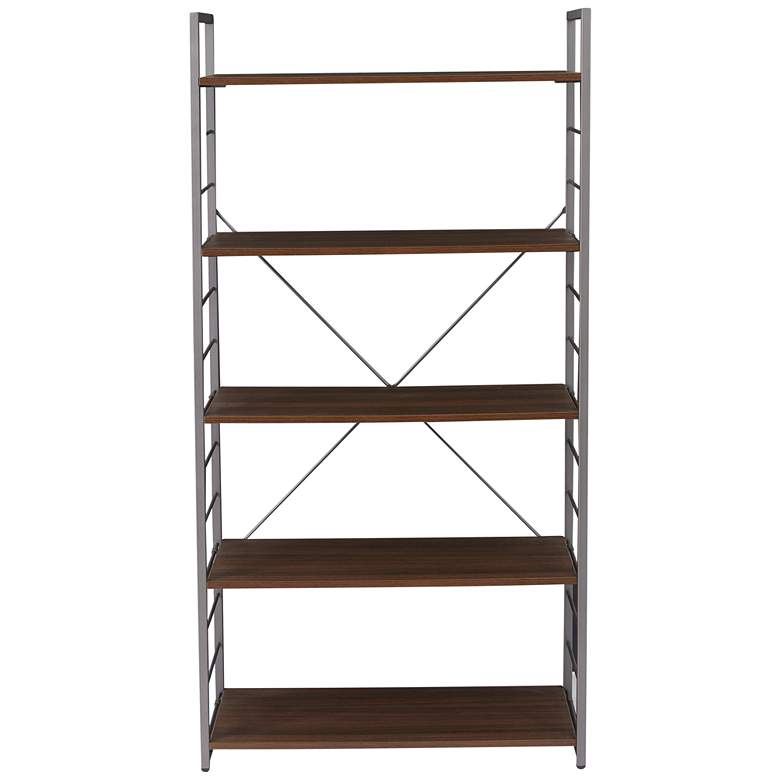 Image 2 Tangent 33" Wide Cocoa Wood Silver Metal 5-Shelf Bookcase