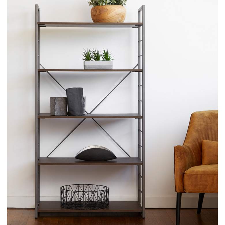 Image 1 Tangent 33" Wide Cocoa Wood Silver Metal 5-Shelf Bookcase