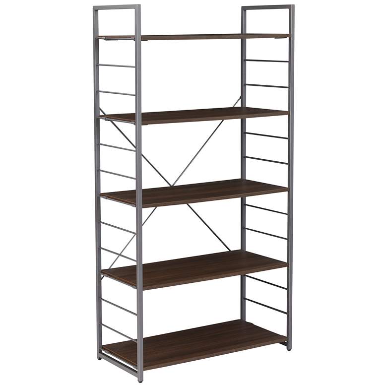 Image 7 Tangent 33" Wide Cocoa Wood Silver Metal 5-Shelf Bookcase more views