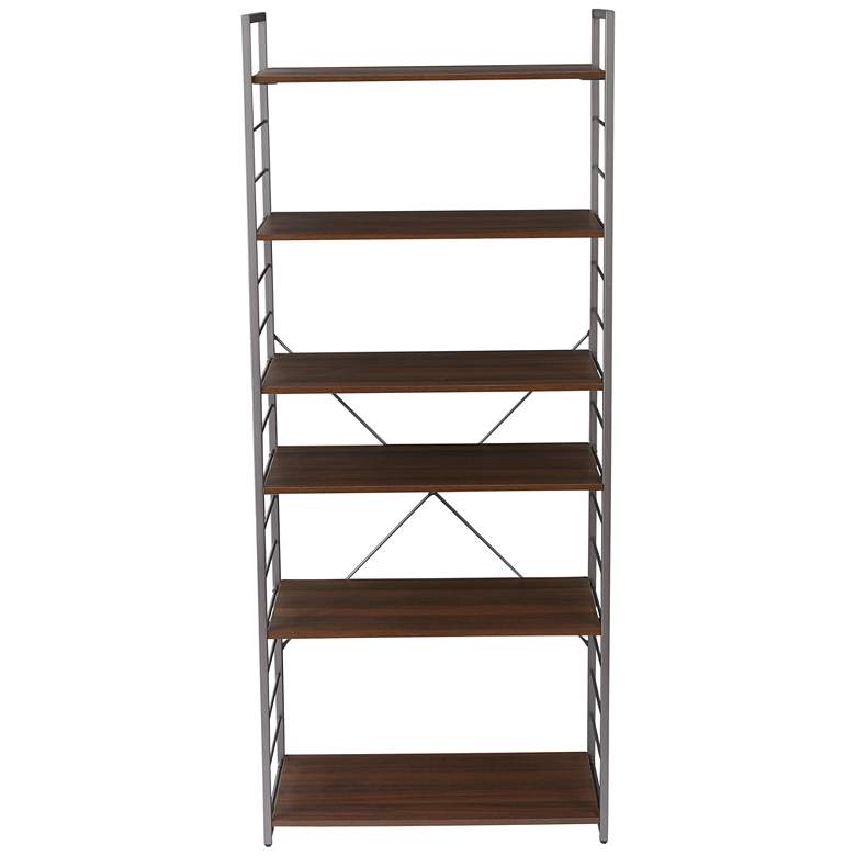 Image 2 Tangent 33" Wide Cocoa Wood Silver Metal 6-Shelf Bookcase
