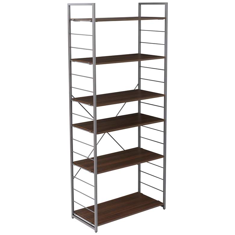 Image 6 Tangent 33 inch Wide Cocoa Wood Silver Metal 6-Shelf Bookcase more views