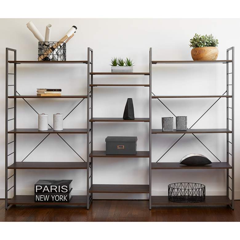 Image 1 Tangent 90 inch Wide Cocoa Wood Silver Metal Bookcase Combo A