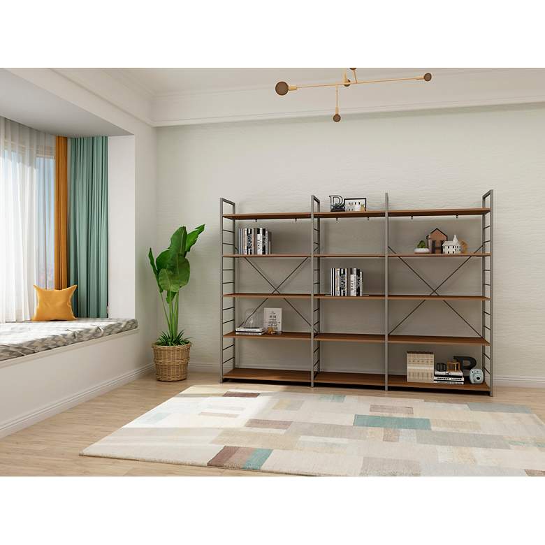 Image 3 Tangent 90" Wide Cocoa Wood Silver Metal Bookcase Combo A more views