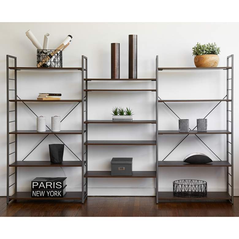 Image 1 Tangent 98 inch Wide Cocoa Wood Silver Metal Bookcase Combo B