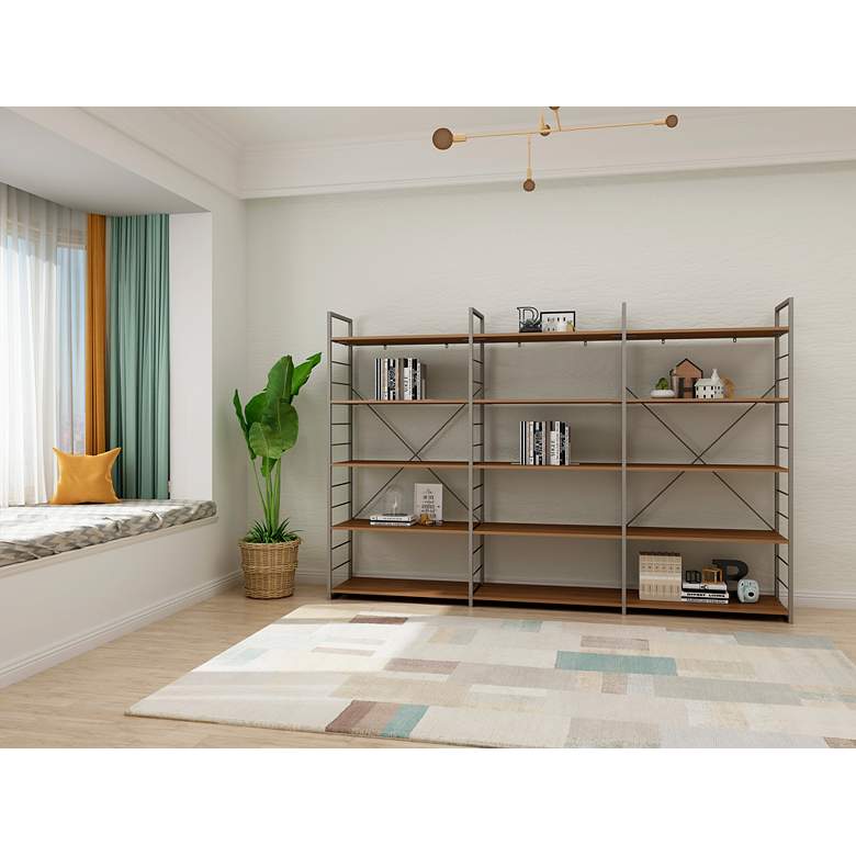 Image 3 Tangent 98 inch Wide Cocoa Wood Silver Metal Bookcase Combo B more views