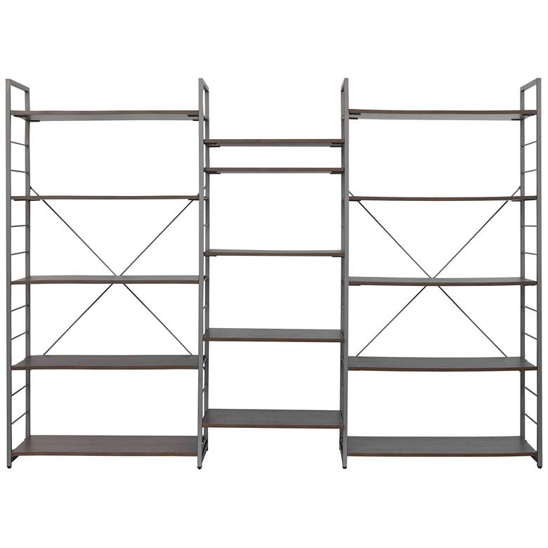 Image 2 Tangent 98" Wide Cocoa Wood Silver Metal Bookcase Combo D