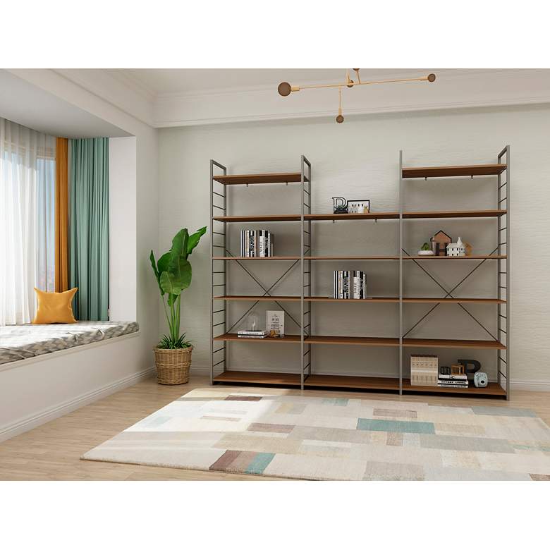 Image 3 Tangent 98" Wide Cocoa Wood Silver Metal Bookcase Combo D more views