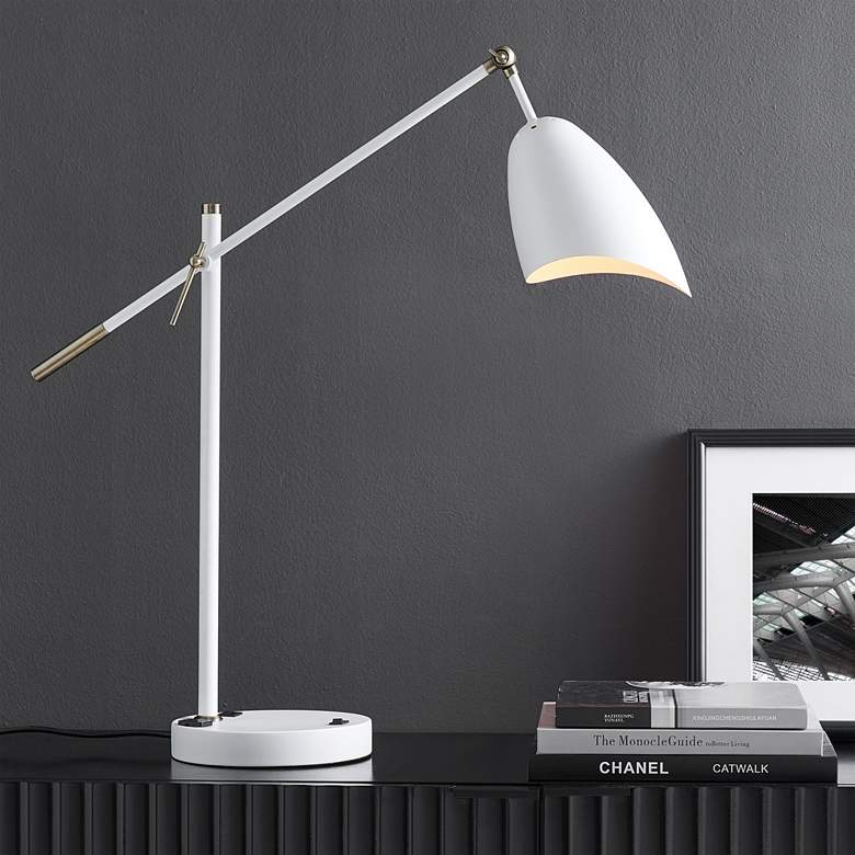 Tanko White and Antique Brass Adjustable Modern Outlet and USB Desk Lamp