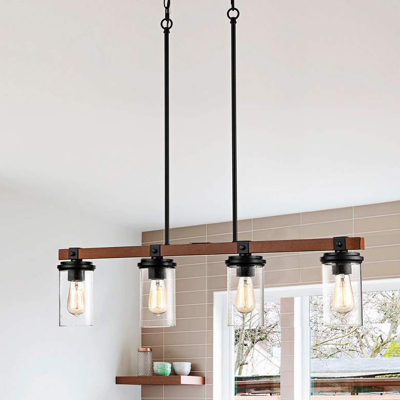 Image 1 Taos 36"W Matte Black 4-Light Linear Pendant w/ Seeded Glass