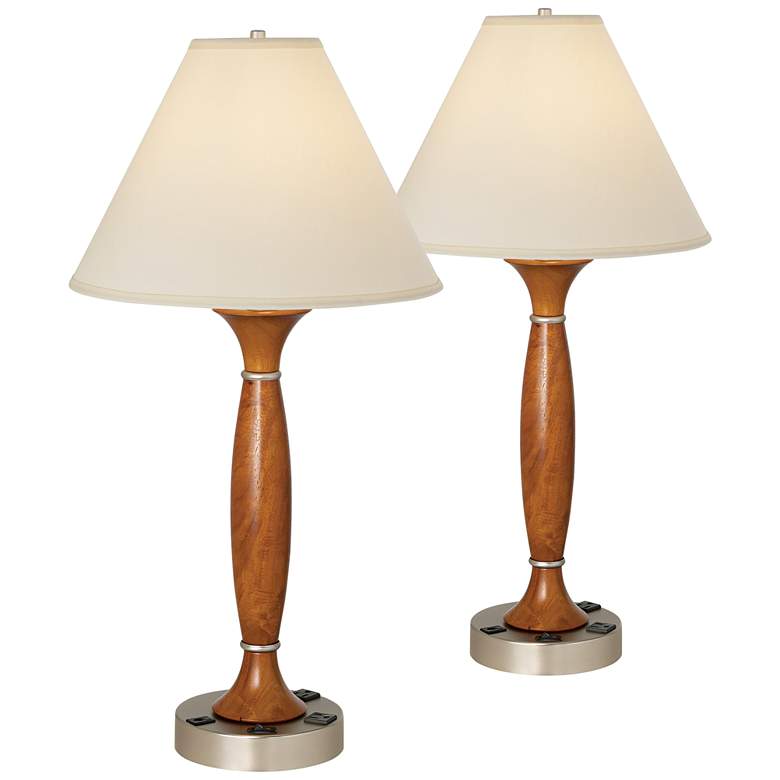 Image 1 Tapered Column Walnut Wood Table Lamps with Outlet Sockets Set of 2