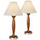 Tapered Column Walnut Wood Table Lamps with Outlet Sockets Set of 2