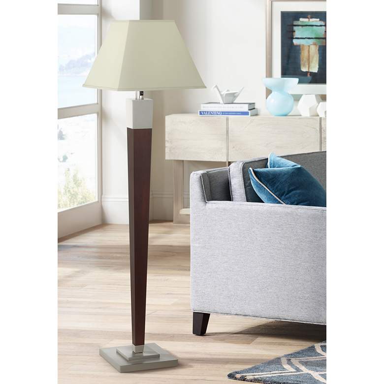 Image 1 Tapered Column Wood and Brushed Nickel Floor Lamp