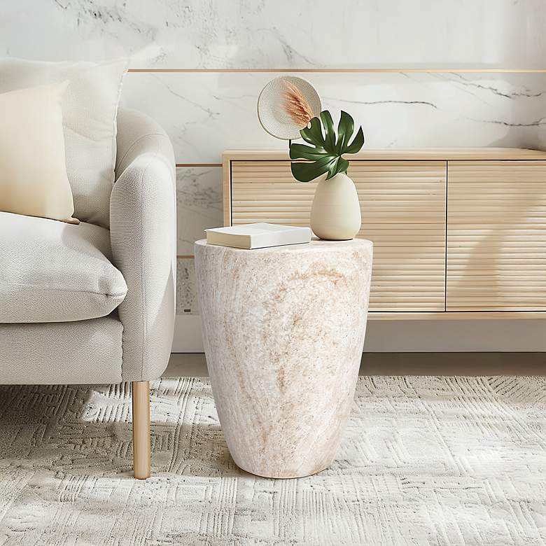 Image 6 Tapered Travertine Stone Finish Italian Design MgO Side Accent Table more views