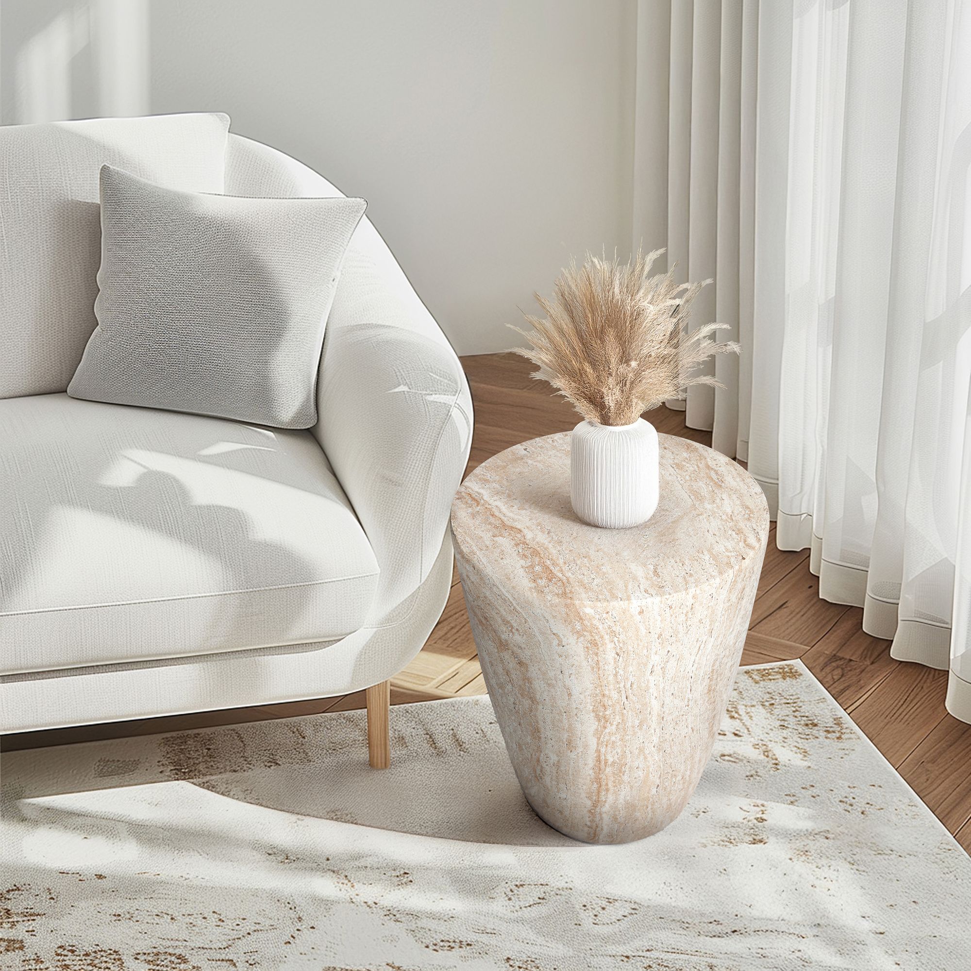 Tapered Travertine Stone Finish Italian Design MgO Side Accent Table