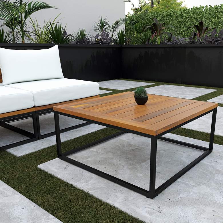 Image 1 Taradale 32"W Natural Wood Black Metal Outdoor Coffee Table