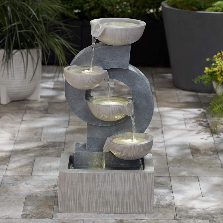 Image 1 Tarin Four Bowl 23 1/2" High Gray Faux Stone Cascading Floor Fountain