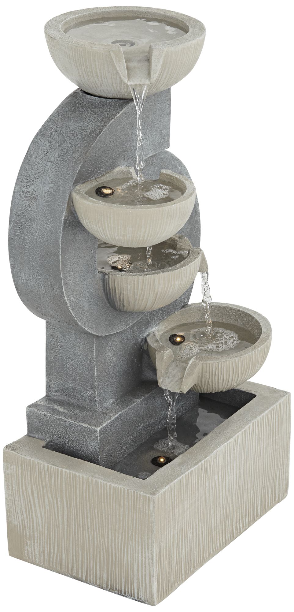Watch A Video About the Four Bowl Gray Faux Stone Cascading LED Floor Fountain