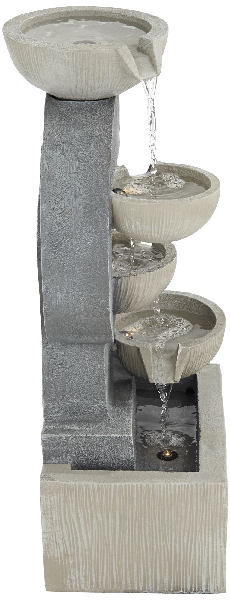 Watch A Video About the Four Bowl Gray Faux Stone Cascading LED Floor Fountain