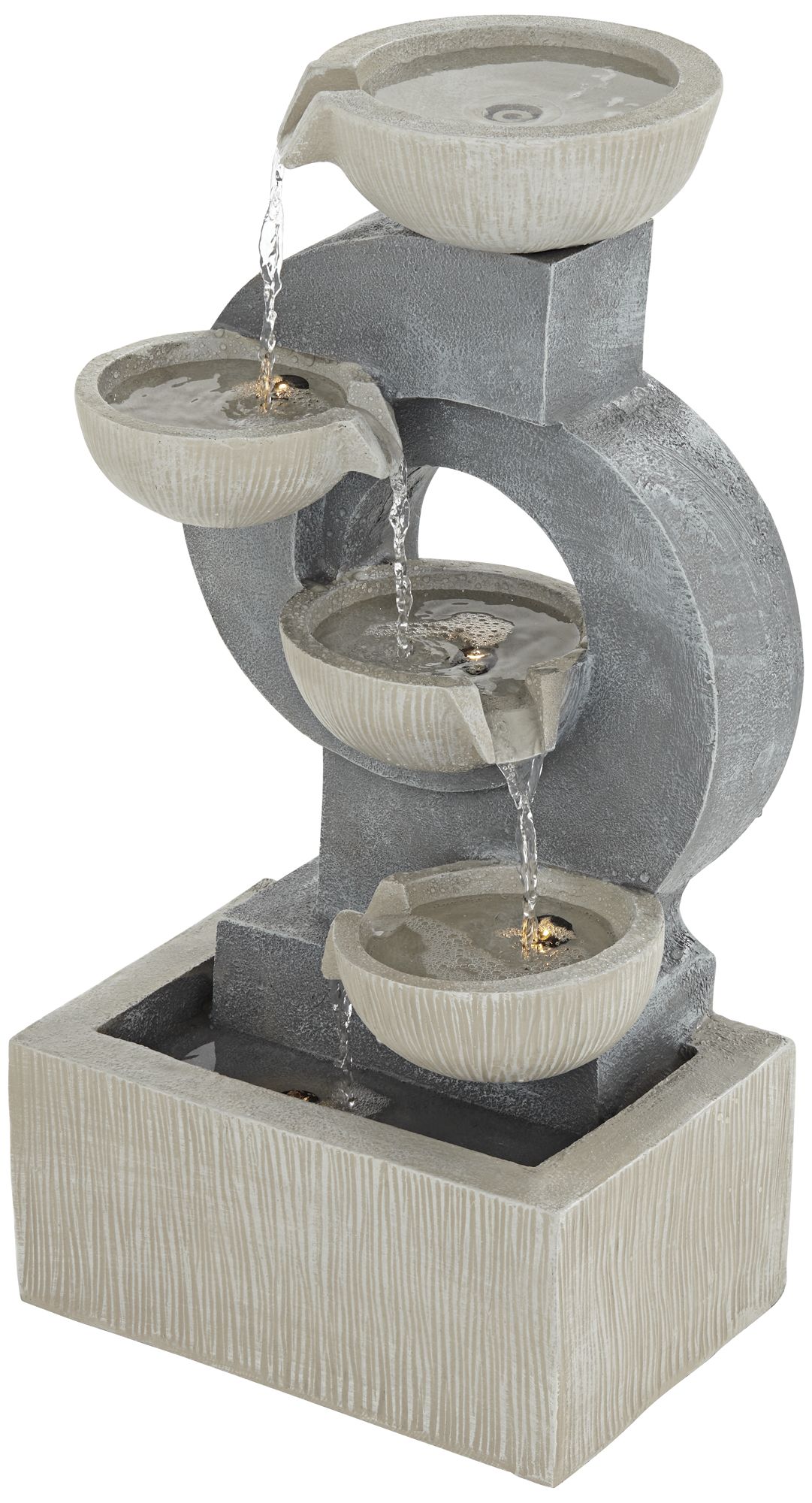 Watch A Video About the Four Bowl Gray Faux Stone Cascading LED Floor Fountain