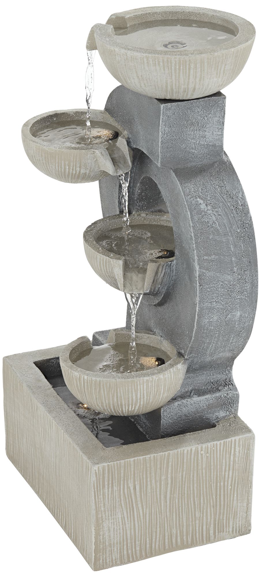 Watch A Video About the Four Bowl Gray Faux Stone Cascading LED Floor Fountain
