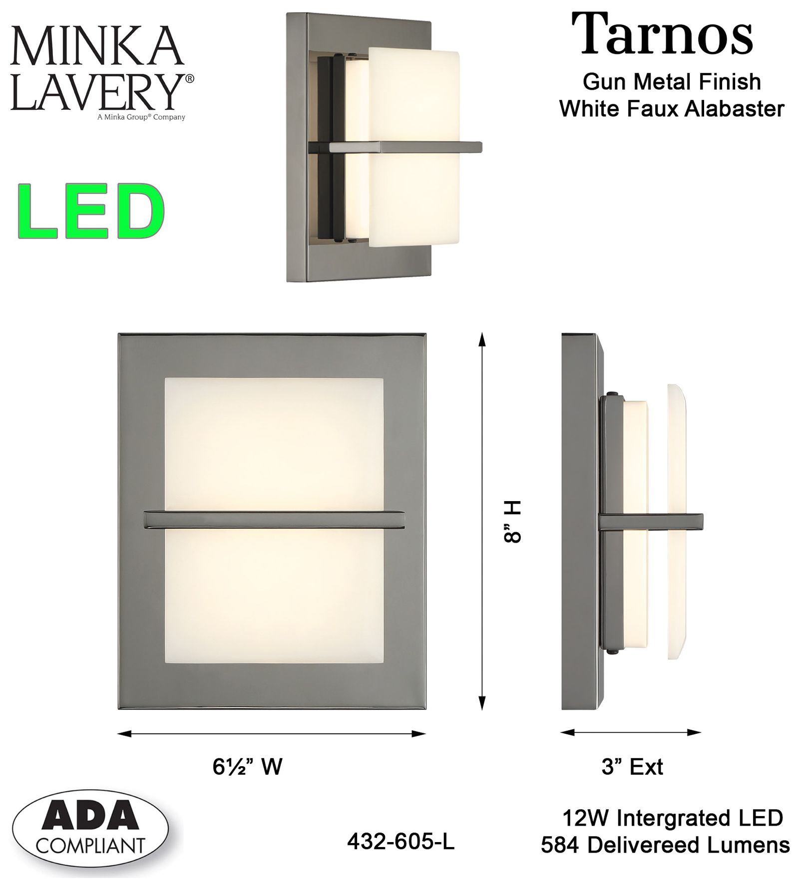 Tarnos 8" High Gun Metal and Alabaster ADA LED Wall Sconce