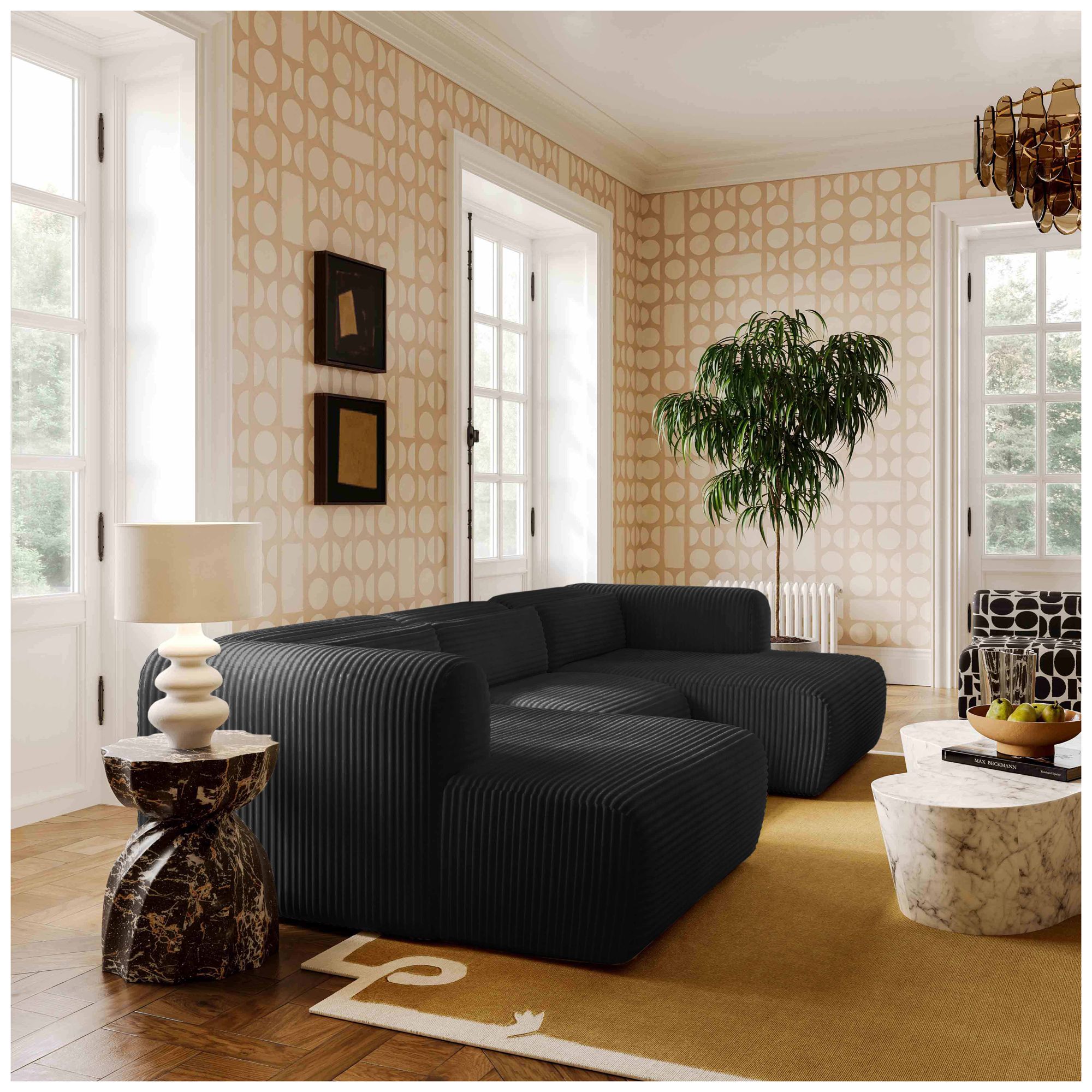 Image 2 Tarra 4-Piece Fluffy Oversized Black Corduroy Modular U-Sectional more views