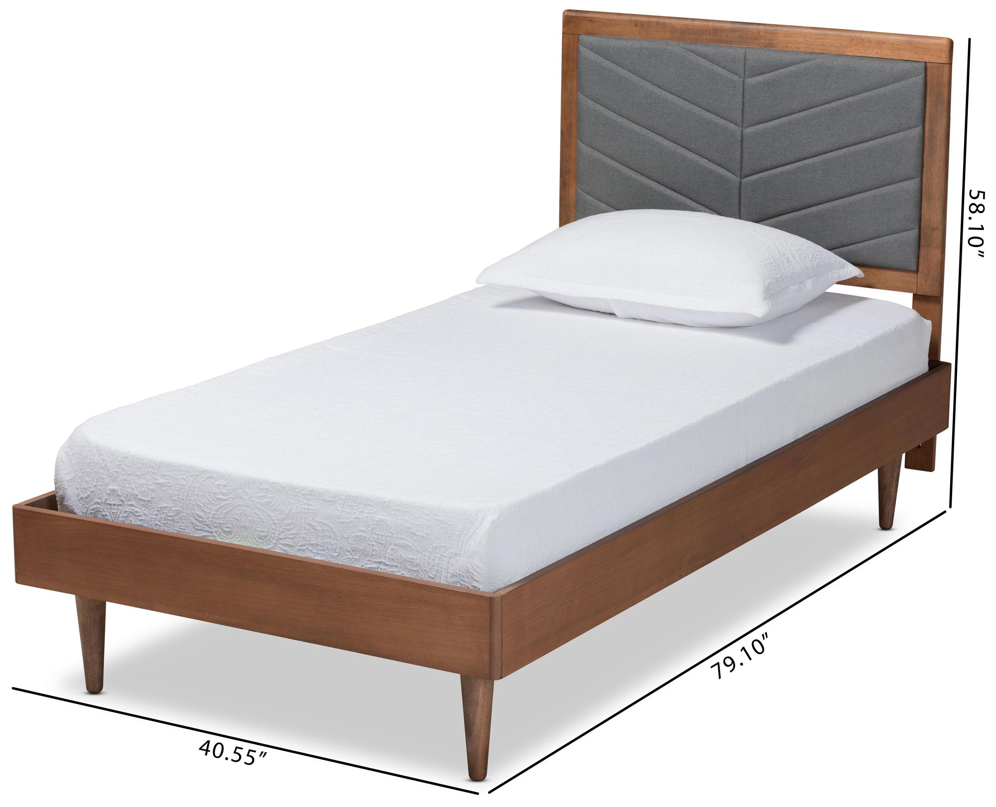 Tasha Dark Gray Fabric Walnut Brown Twin Size Platform Bed in scene